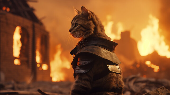 CAT wearing ninja uniforms, on village ruin with fire flames background. Generative AI