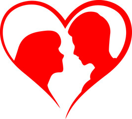 Man and woman looking at  each other in heart shape. Silhouette of loving man and woman, vector illustration.