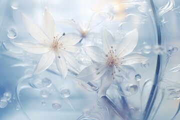 Frozen flowers. Light blue frost pattern on a window glass. Abstract background. Beautiful natural frosty winter backdrop on window. Texture wide screen with copy space