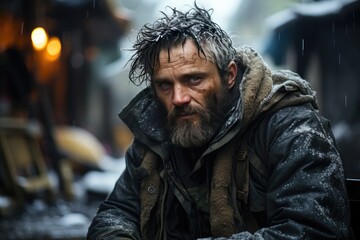 Obraz premium Homeless man on city streets in winter