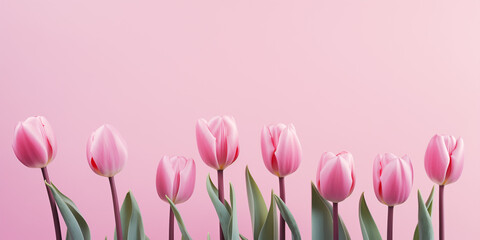 Beautiful composition spring flowers. Bouquet of pink tulips flowers on pastel pink background. Valentine's Day, Easter, Birthday, Happy Women's Day, Mother's Day. Flat lay, top view, with copy space