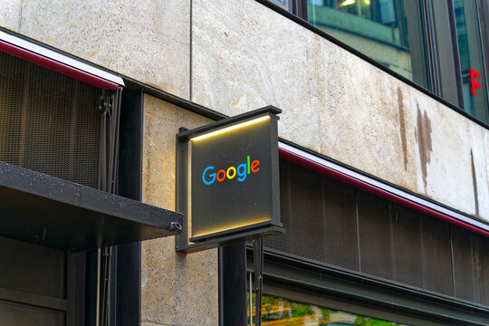 Google logo outside of office building at Europe Alley at Swiss City of Z&uuml;rich on a rainy summer day. Photo taken July 12th, 2023, Zurich, Switzerland.