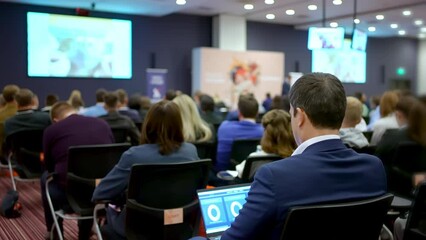 Young man audience at business seminar conference presentation type tablet computer business forum speaker couch. Education auditorium person typing on laptop. People training at economic forum