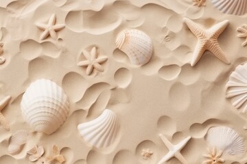 Fototapeta na wymiar Top view of a sandy beach texture with imprints of exotic seashells and starfish as natural textured background. generative ai.