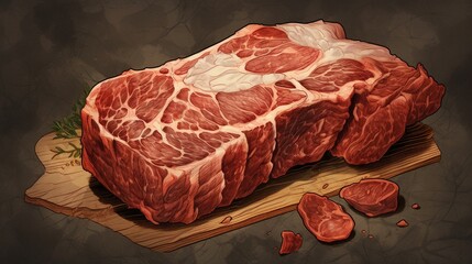 Sliced raw pork meat on a wooden cutting board. 