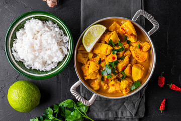 Chicken in curry sauce and rice on black background, Indian food top view