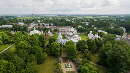 Yaroslav's Court in Veliky Novgorod. Nikolo-Dvorishchensky Cathedral, an important historical tourist site of Russia, aerial view from drone. 