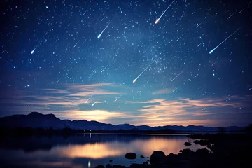 Photo sur Plexiglas Blue nuit Beautiful Meteor shower in the dark sky at night background, Shiny of shooting star from space, landscape outside of the city, milky way scene.