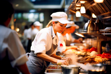 Female Chef Preparing Food in Professional Kitchen - obrazy, fototapety, plakaty