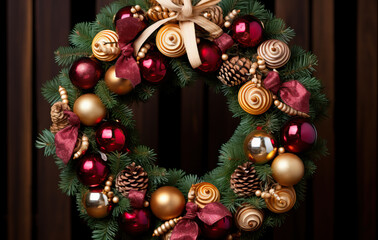 Fototapeta na wymiar christmas wreath decoration with ornaments and baubles on a dark background created with Generative AI technology