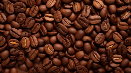 Obraz premium Top view background of aromatic brown coffee beans scattered on surface. backdrop representing halves of dark brown coffee beans