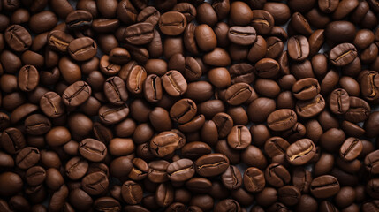 Top view background of aromatic brown coffee beans scattered on surface.  backdrop representing halves of dark brown coffee beans