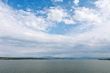 Panorama. Large water opening. Reservoir for hydroelectric station.