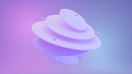 3D Rendering - Floating spheres and disks in Purple and Blue themed lighting and background.