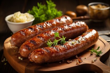 Bratwurst: German-Style Sausages with Sauerkraut and Mustard - obrazy, fototapety, plakaty