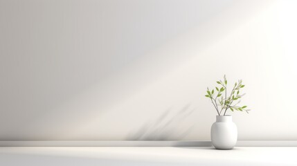 Empty room with shadows of window and flowers and palm leaves.Abstract white studio background for product presentation.  - obrazy, fototapety, plakaty