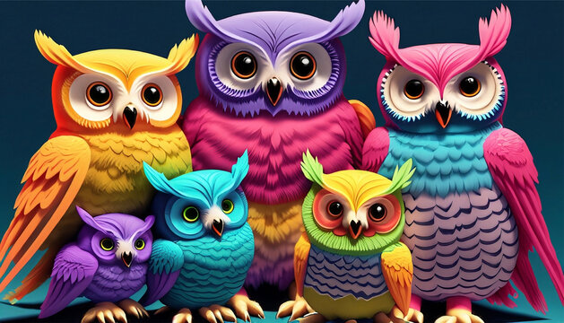 set of owls on a branch 3d cartoon 