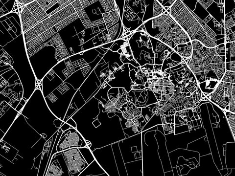 Vector road map of the city of Dhahran in the Kingdom of Saudi Arabia with white roads on a black background.