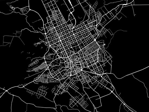 Vector road map of the city of Riyadh in the Kingdom of Saudi Arabia with white roads on a black background.