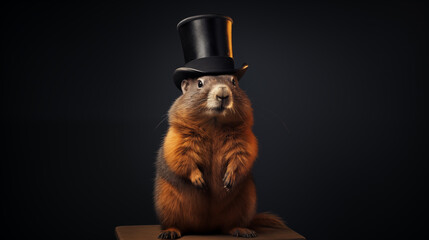 
A groundhog in a top hat poses in a photo studio. isolated on black background. copy space - obrazy, fototapety, plakaty