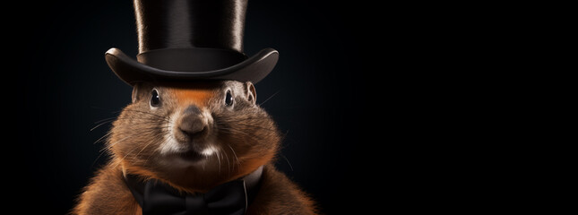 
A groundhog in a top hat poses in a photo studio. isolated on black background. copy space.banner