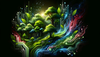 This image artistically merges technology and nature, showcasing a lush green forest interwoven with futuristic digital elements, circuit patterns, and holographic interfaces