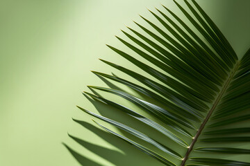Palm leaf casting shadow on green background with copy space