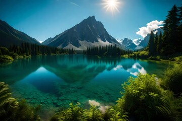 A crystal-clear lake surrounded by lush greenery, reflecting the majestic mountains in the background under a pristine blue sky