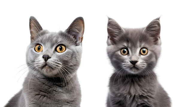Set of Gray Cats: Featuring a Kitten and an Adult, Close-Up Perspective, Isolated on Transparent Background, PNG