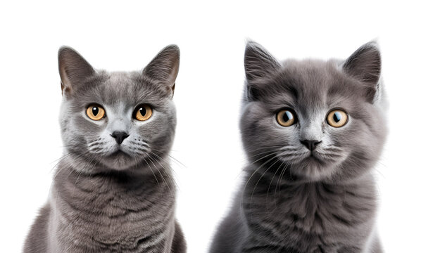 Set of Gray Cats: Kitten and Mature Gray Cat, Close-Up Shot, Isolated on Transparent Background, PNG