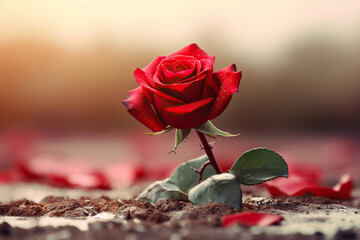 Red Rose on the Ground, Rose on Road, Town Street, Symbolizes Love with Bokeh Background. Valentine's Day, Lonely Day, Breakup, Banner or Poster Design