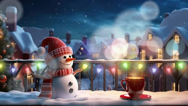 christmas decorations on the balcony of the house with a snowman and christmas tree surrounded by snowfall. cartoon style. seamless looping time-lapse virtual video animation background.	
