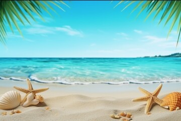 Fototapeta na wymiar Tropical beach with sea star on sand, summer holiday background. Travel and beach vacation, free space for text.generative ai.