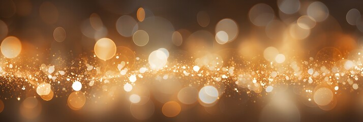 Sparkling golden bokeh background, banner. Glowing light, glittering effect, shiny blurred gold particles abstract festive background.