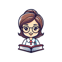 Cute student cartoon girl in glasses reading a book. Vector illustration.	