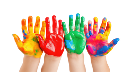 children hands covered in colourful paint on a transparent background.