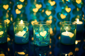 Romantic night with many turquoise green glass candles and hearts, date night romance with...