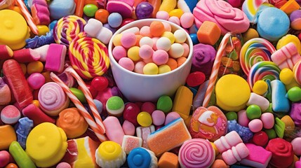 sweet many candy food illustration lollipop caramel, skittles toffee, licorice marshmallow sweet many candy food - obrazy, fototapety, plakaty