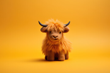 Fluffy highland cow toy with horns on vibrant orange background - obrazy, fototapety, plakaty