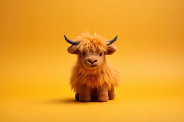 Papier Peint photo Highlander écossais Fluffy highland cow toy with horns on vibrant orange background