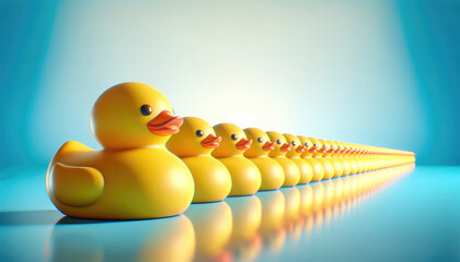 Line of rubber ducks in perspective, leadership concept on blue, ducks in a row