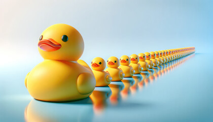 Line of rubber ducks in perspective, leadership concept on blue, ducks in a row - obrazy, fototapety, plakaty