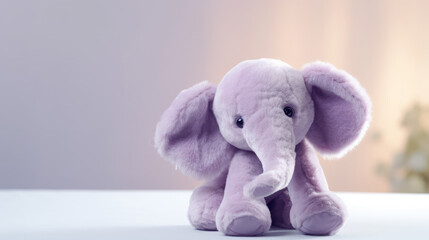 Soft purple elephant plush toy on light background, child's plaything