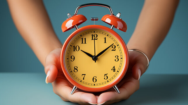 Hands holding clock. Woman's hands holding an alarm clock in her hands. Conceptual image of time in your hands, person controlling the passage of time. Clock marking 10 hours and 10 minutes.