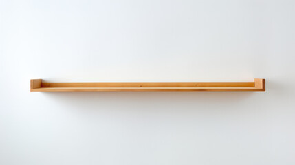 Minimalist wooden shelf on a clean white wall background with copy space