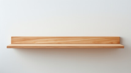 Minimalist wooden shelf on a clean white wall background with copy space - obrazy, fototapety, plakaty