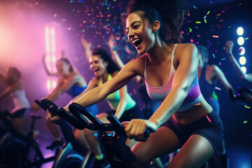 Cheerful sporty women riding exercise bikes on cycling class in a gym.