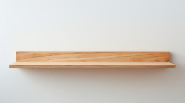 Minimalist wooden shelf on a clean white wall background with copy space