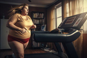 Fat overweight woman in sportswear running on treadmill at home. - obrazy, fototapety, plakaty