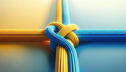 Secure knot on intertwined blue and yellow ropes, strength and connection concept